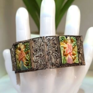 Chinese Carved Antique Silver Tone Filigree Immortal God Bracelet